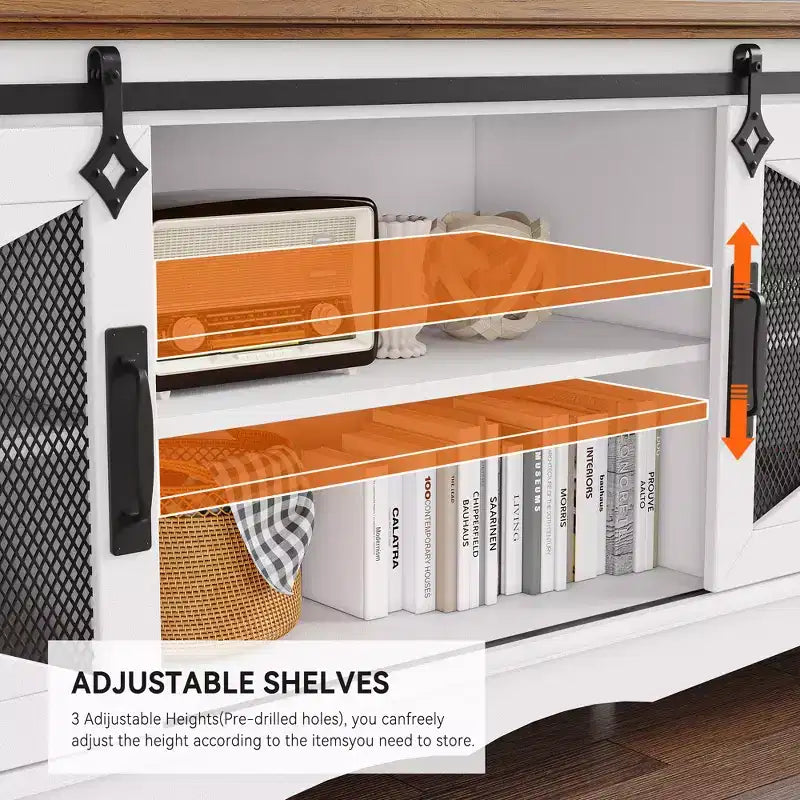 Meuble TV de ferme pour téléviseur de 65/70/75 pouces, meuble de rangement pour centre de divertissement de 65 pouces avec portes coulissantes de grange, meuble console média pour salon