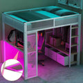 Bellemave Full Size Metal Gaming Loft Bed with LED, Desk, Open Wardrobe and 3 Linen Storage Drawers,White