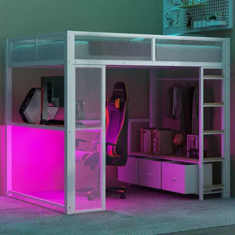 Bellemave Lit mezzanine de jeu complet en métal avec LED, bureau, armoire ouverte et 3 tiroirs de rangement en lin, Blanc