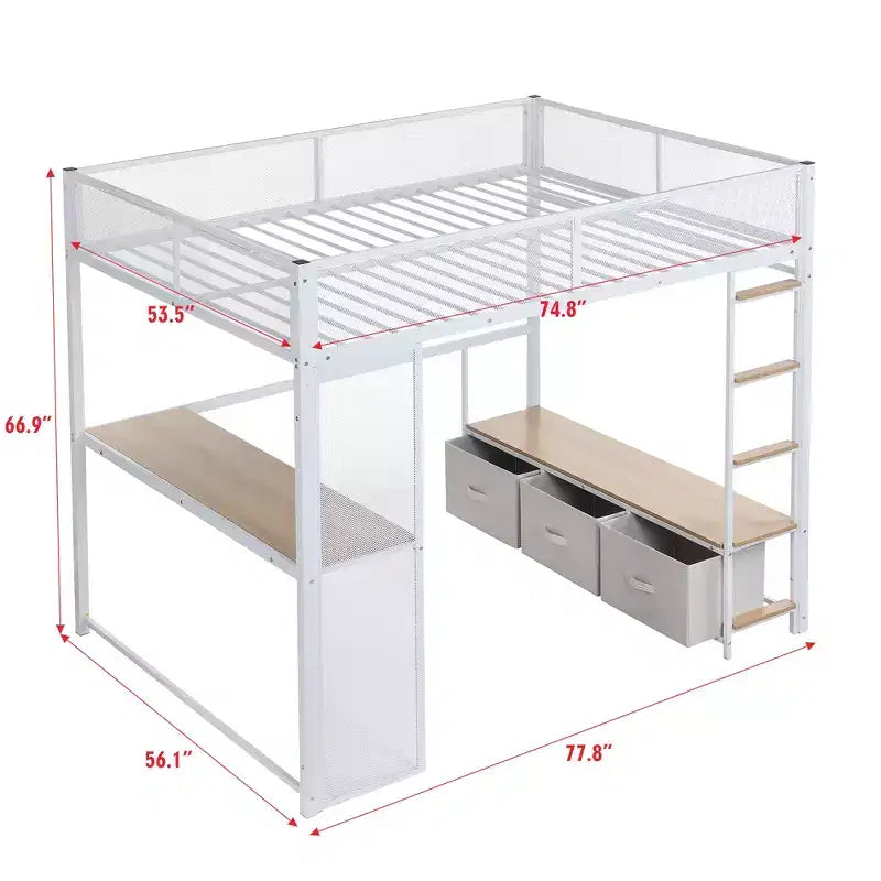 Bellemave Lit mezzanine de jeu complet en métal avec LED, bureau, armoire ouverte et 3 tiroirs de rangement en lin, Blanc