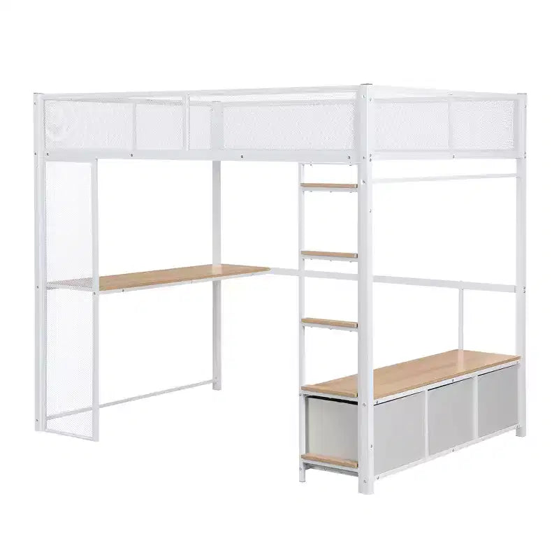 Bellemave Lit mezzanine de jeu complet en métal avec LED, bureau, armoire ouverte et 3 tiroirs de rangement en lin, Blanc