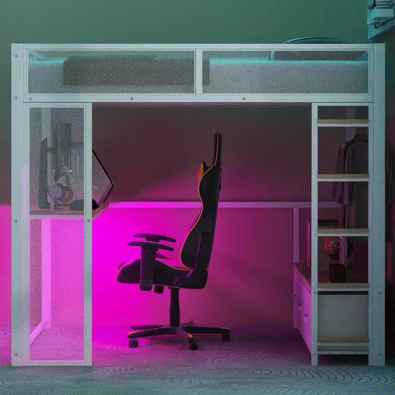 Bellemave Lit mezzanine de jeu complet en métal avec LED, bureau, armoire ouverte et 3 tiroirs de rangement en lin, Blanc