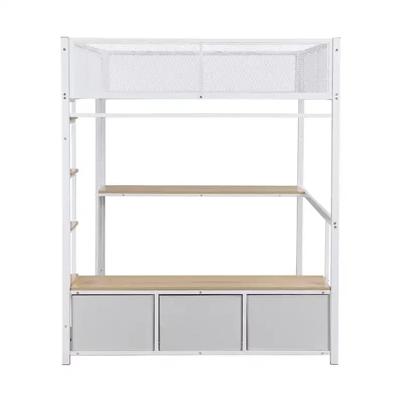 Bellemave Lit mezzanine de jeu complet en métal avec LED, bureau, armoire ouverte et 3 tiroirs de rangement en lin, Blanc