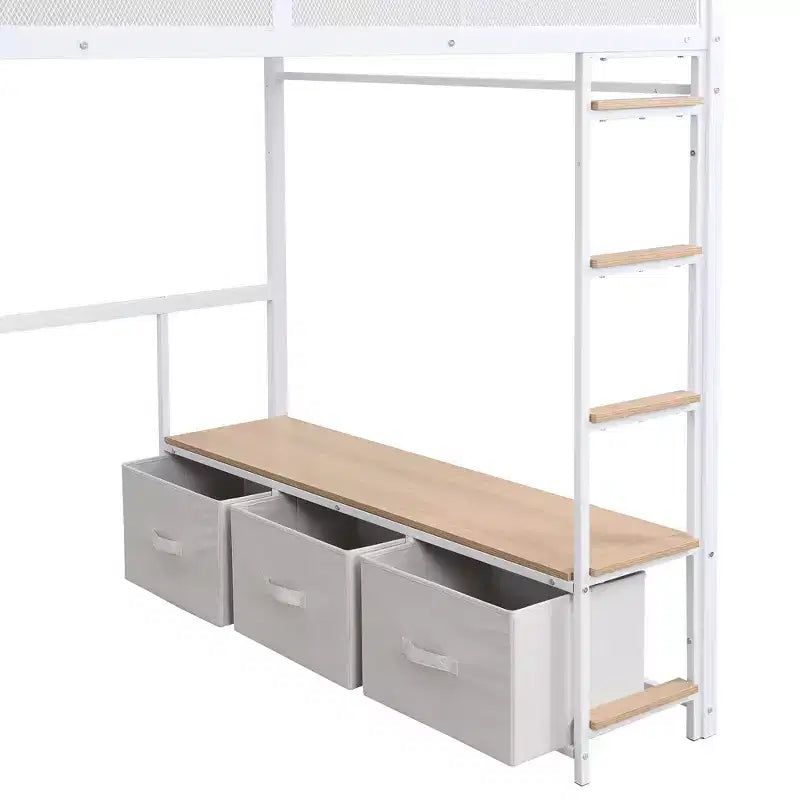 Bellemave Lit mezzanine de jeu complet en métal avec LED, bureau, armoire ouverte et 3 tiroirs de rangement en lin, Blanc
