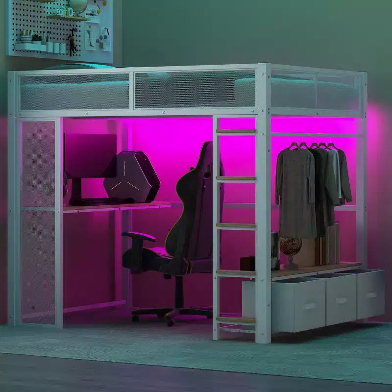 Bellemave Lit mezzanine de jeu complet en métal avec LED, bureau, armoire ouverte et 3 tiroirs de rangement en lin, Blanc