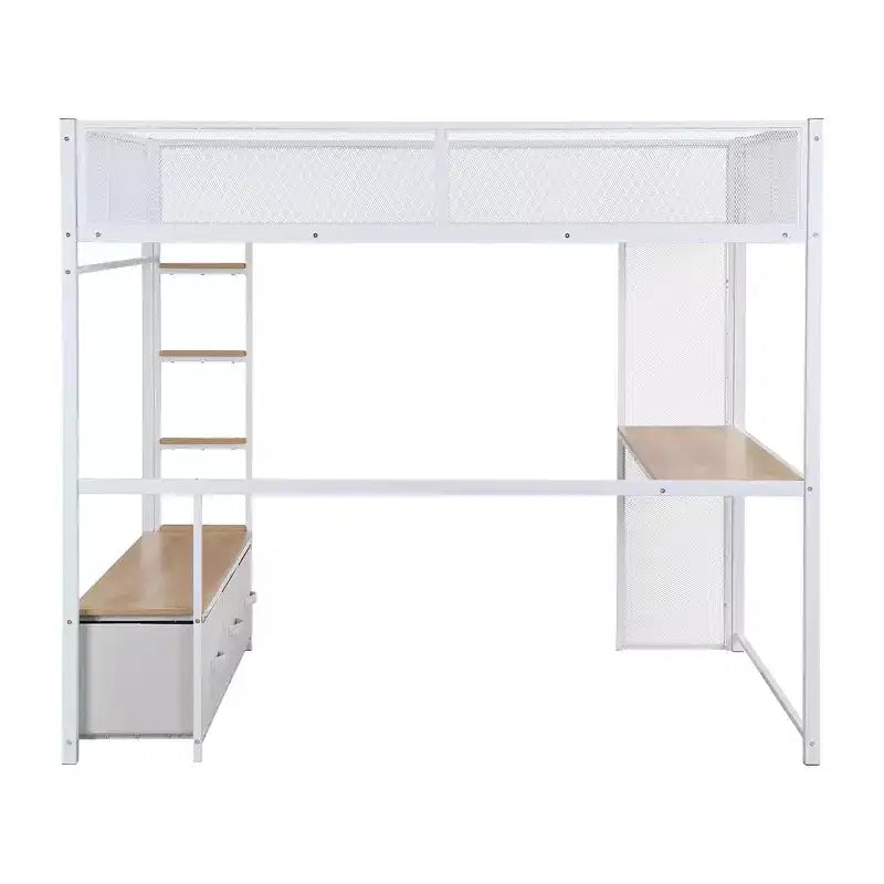 Bellemave Lit mezzanine de jeu complet en métal avec LED, bureau, armoire ouverte et 3 tiroirs de rangement en lin, Blanc