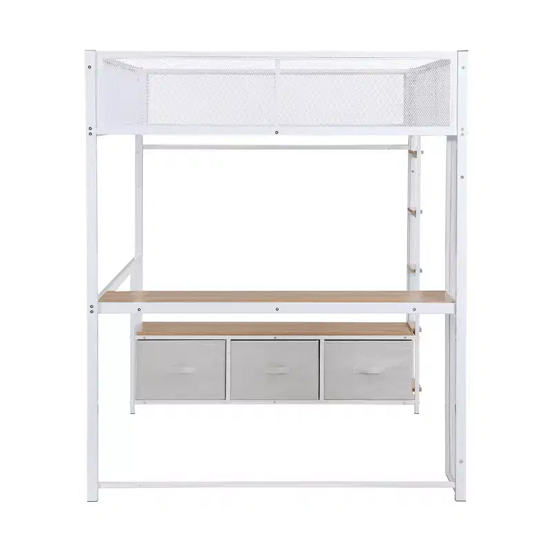 Bellemave Lit mezzanine de jeu complet en métal avec LED, bureau, armoire ouverte et 3 tiroirs de rangement en lin, Blanc