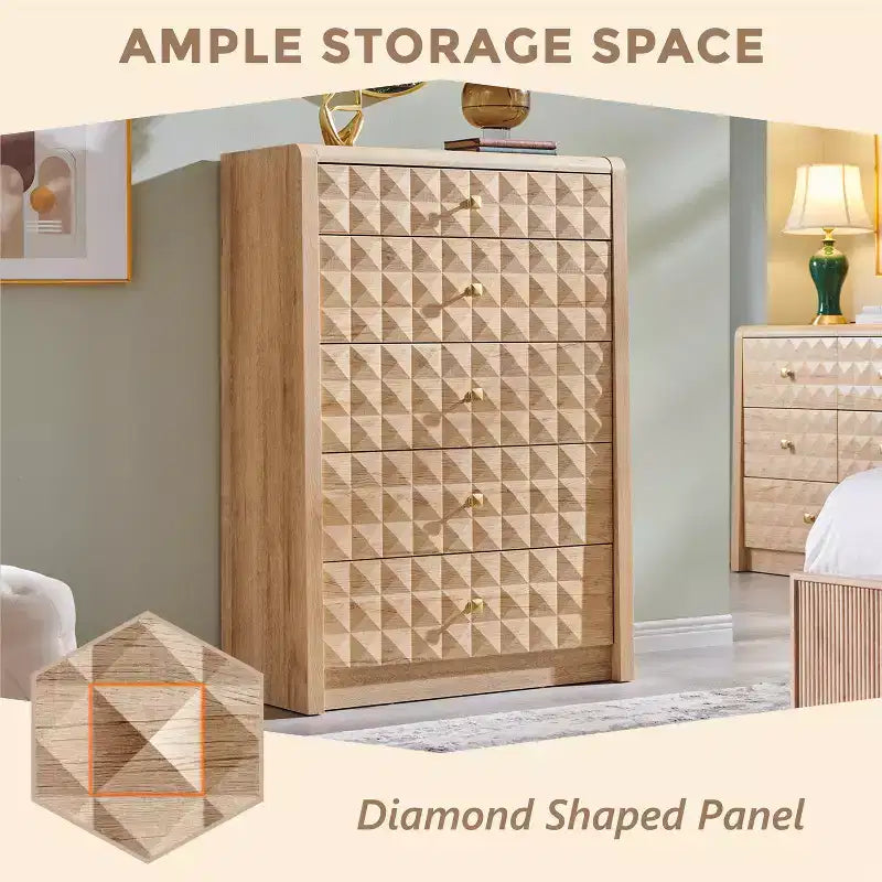 Commode à 5 tiroirs SinCiDo pour chambre à coucher, commode haute en bois avec panneau décoratif en losanges, meuble de rangement moderne du milieu du siècle