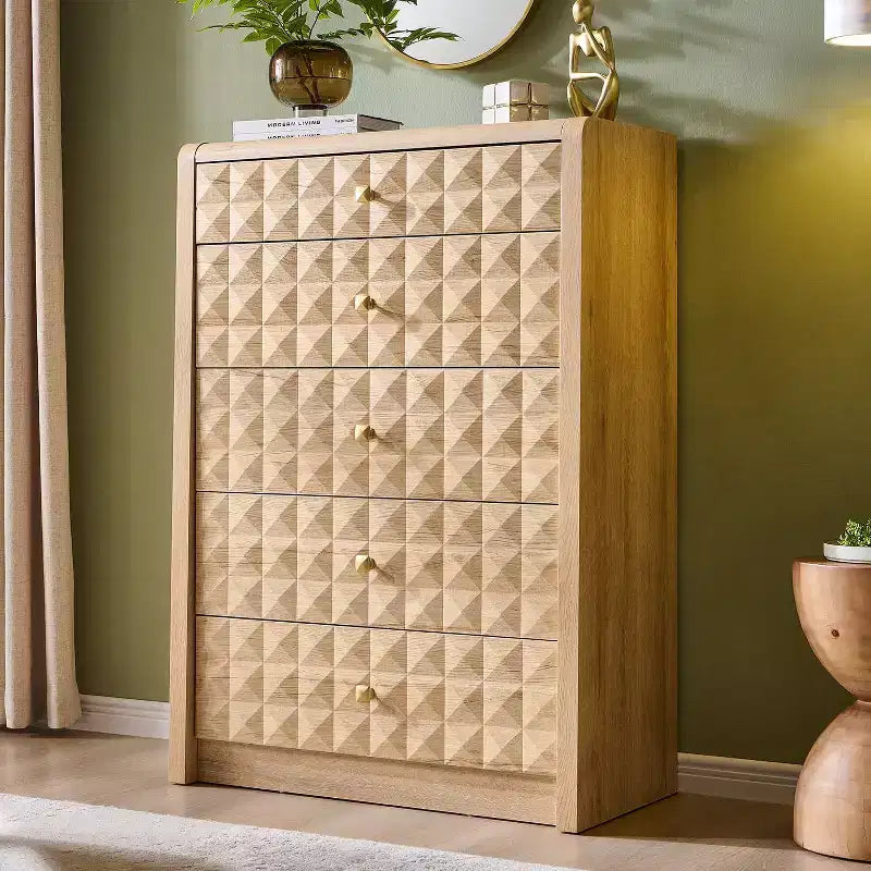Commode à 5 tiroirs SinCiDo pour chambre à coucher, commode haute en bois avec panneau décoratif en losanges, meuble de rangement moderne du milieu du siècle