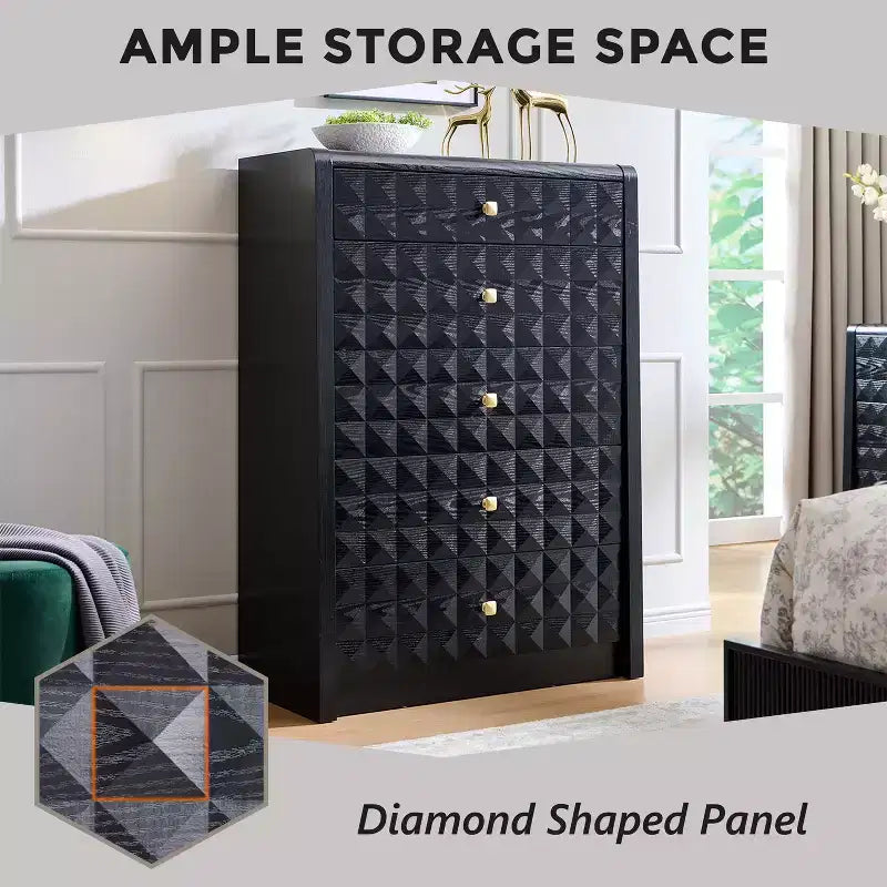 Commode à 5 tiroirs SinCiDo pour chambre à coucher, commode haute en bois avec panneau décoratif en losanges, meuble de rangement moderne du milieu du siècle