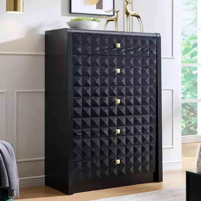 SinCiDo 5 Drawer Dressers for Bedroom, Wood Tall Closet Chest of Drawers with Diamond Panel Decorate, Mid Century Modern Storage Organizer