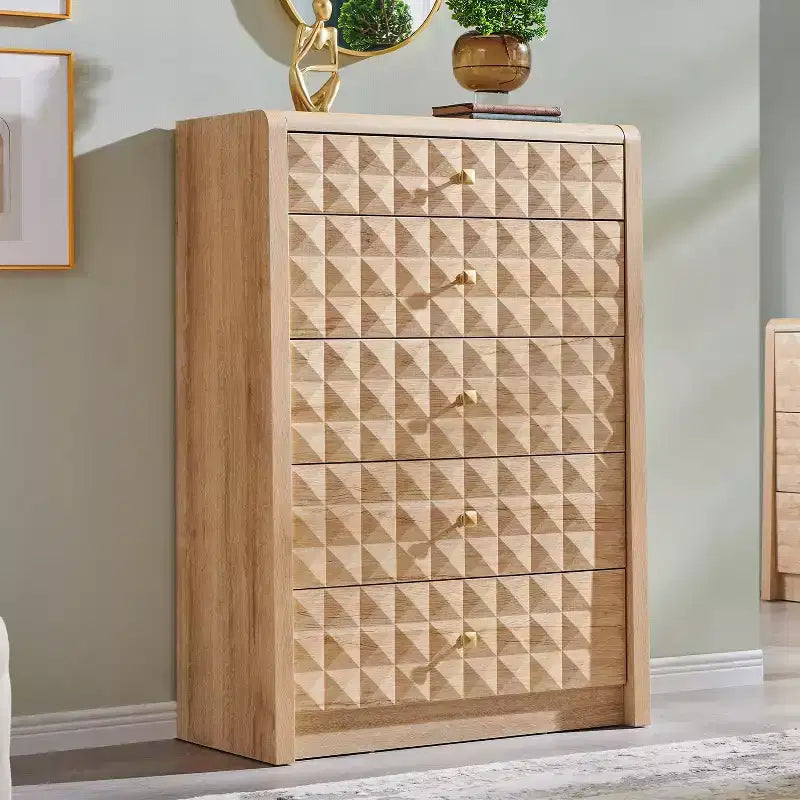 Commode à 5 tiroirs SinCiDo pour chambre à coucher, commode haute en bois avec panneau décoratif en losanges, meuble de rangement moderne du milieu du siècle