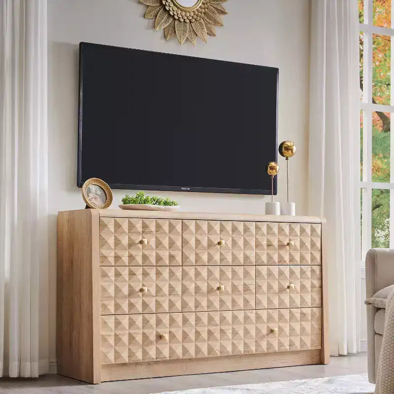 Commode à 5 tiroirs SinCiDo pour chambre à coucher, commode haute en bois avec panneau décoratif en losanges, meuble de rangement moderne du milieu du siècle