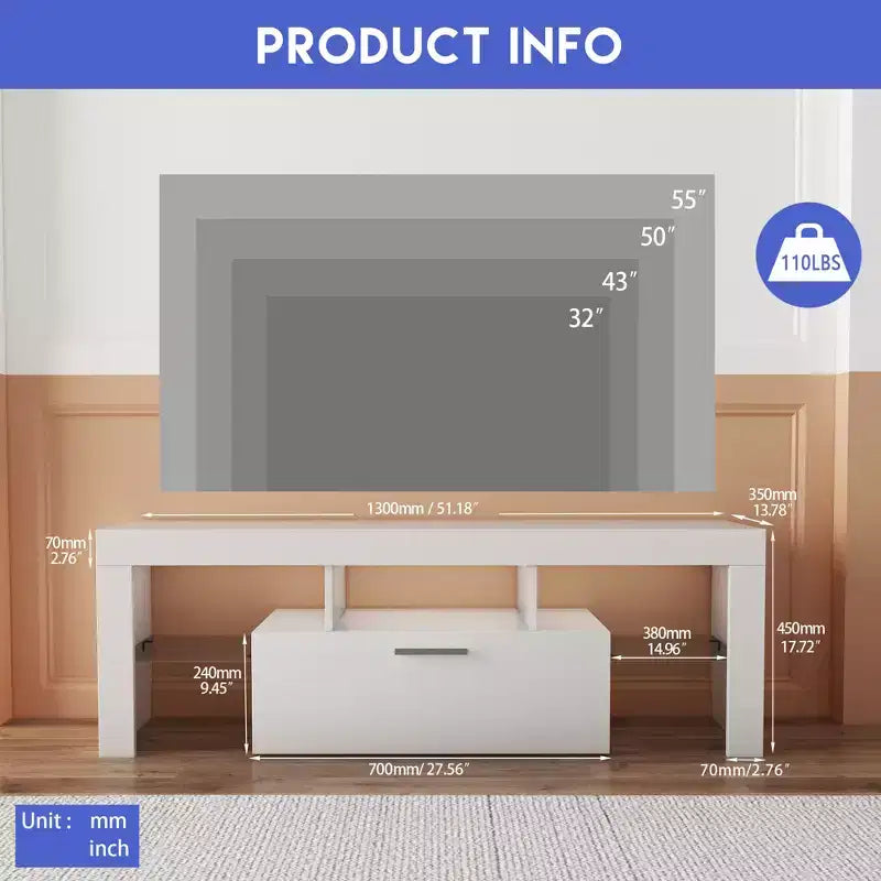 Meuble TV moderne à LED GDFStudio Soledad avec rangement et étagère en verre