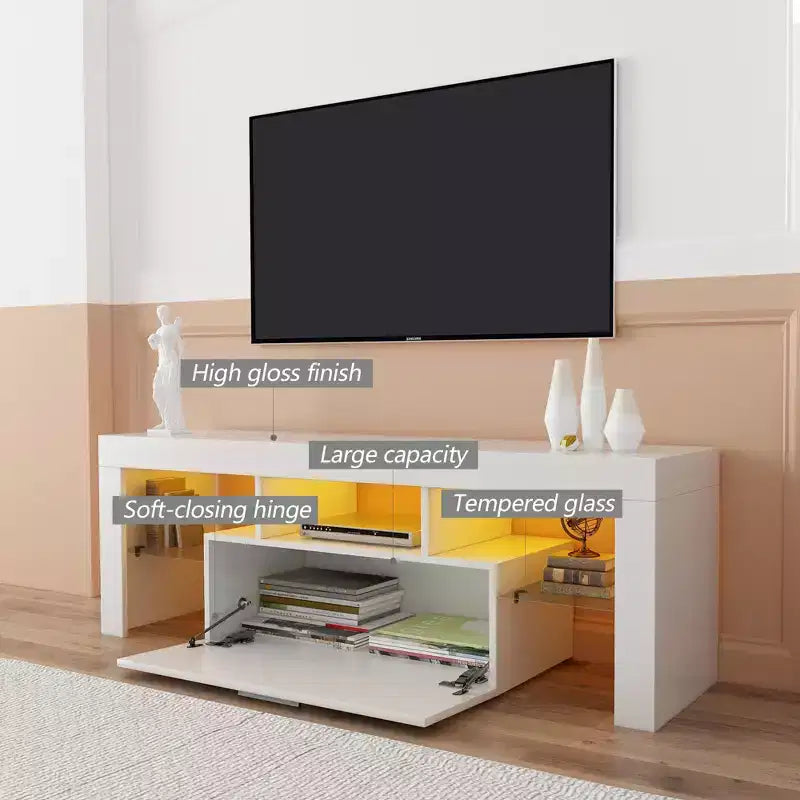 Meuble TV moderne à LED GDFStudio Soledad avec rangement et étagère en verre