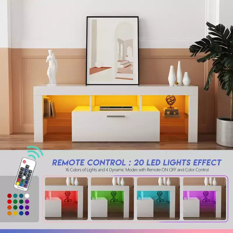 Meuble TV moderne à LED GDFStudio Soledad avec rangement et étagère en verre