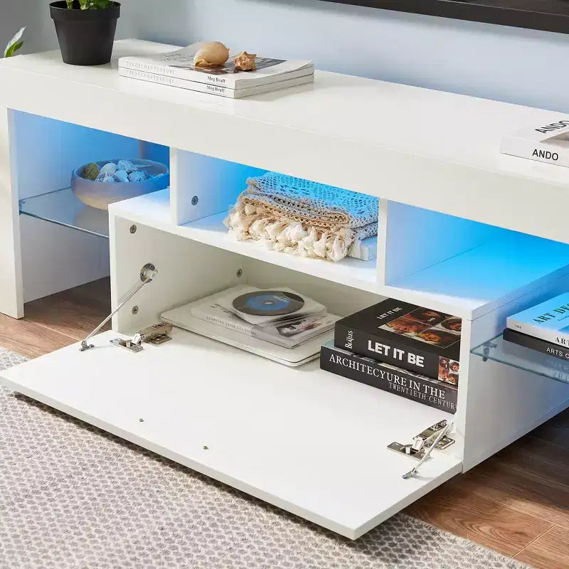 Meuble TV moderne à LED GDFStudio Soledad avec rangement et étagère en verre