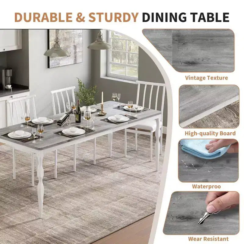 Table à manger rectangulaire pour 6, table de cuisine rustique de 200 cm avec grand plateau