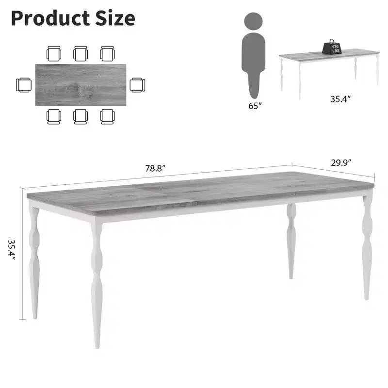 Table à manger rectangulaire pour 6, table de cuisine rustique de 200 cm avec grand plateau