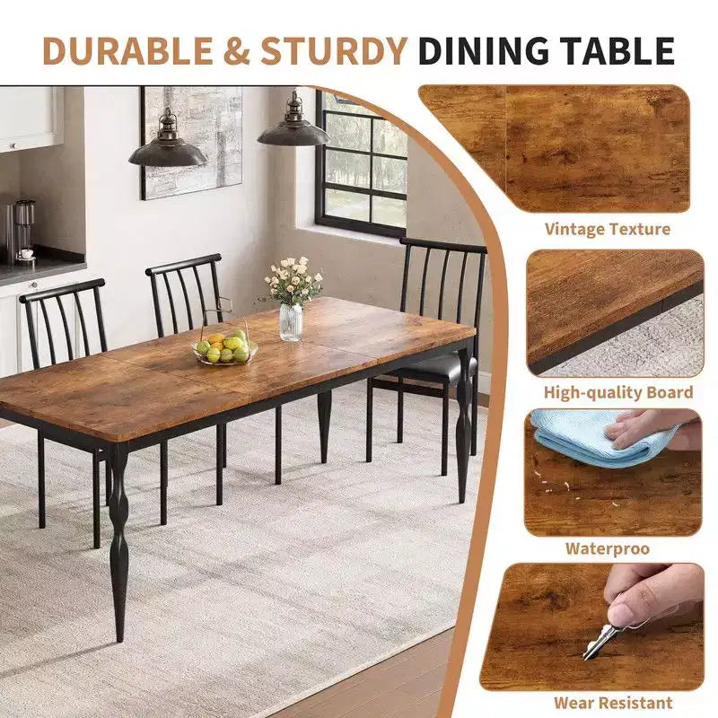 Table à manger rectangulaire pour 6, table de cuisine rustique de 200 cm avec grand plateau