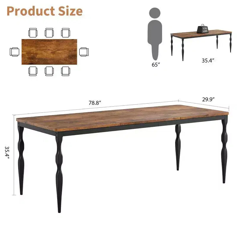 Table à manger rectangulaire pour 6, table de cuisine rustique de 200 cm avec grand plateau