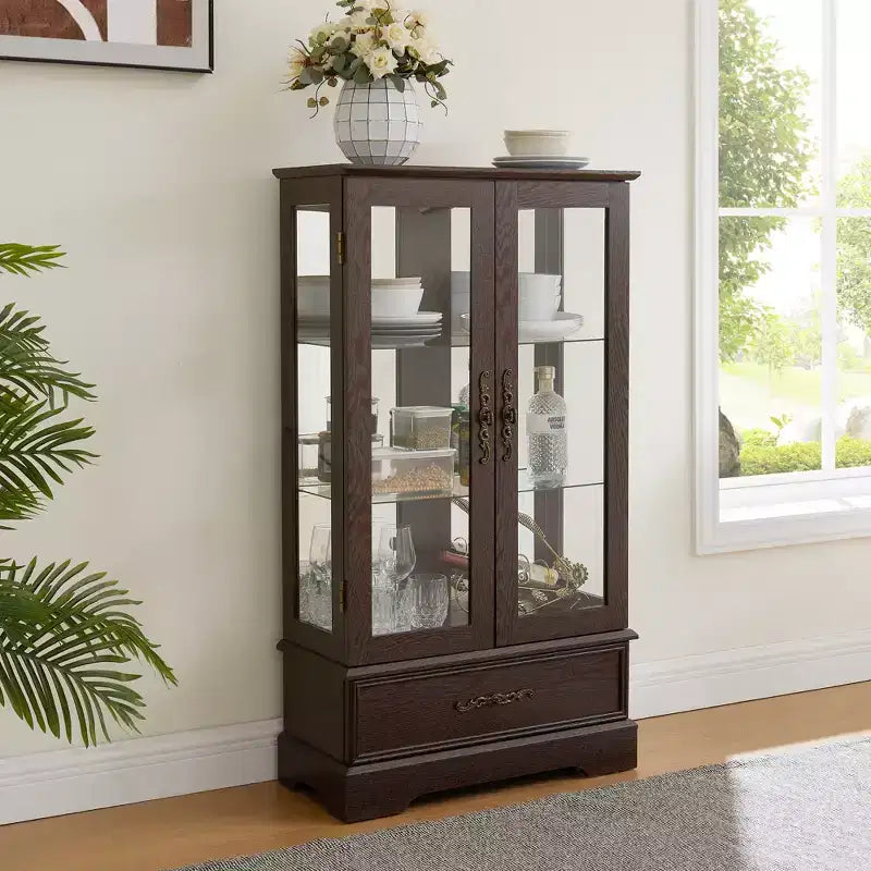 CLIHOME Vitrine en verre éclairée, meuble de rangement de cuisine, vitrine de porcelaine avec étagères réglables