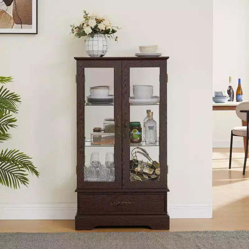 CLIHOME Vitrine en verre éclairée, meuble de rangement de cuisine, vitrine de porcelaine avec étagères réglables