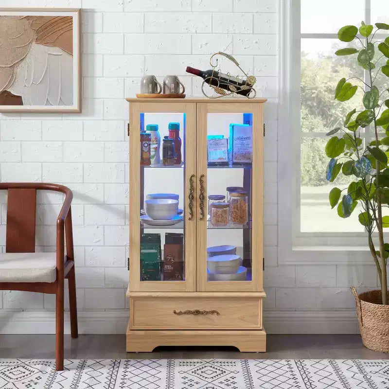 CLIHOME Vitrine en verre éclairée, meuble de rangement de cuisine, vitrine de porcelaine avec étagères réglables