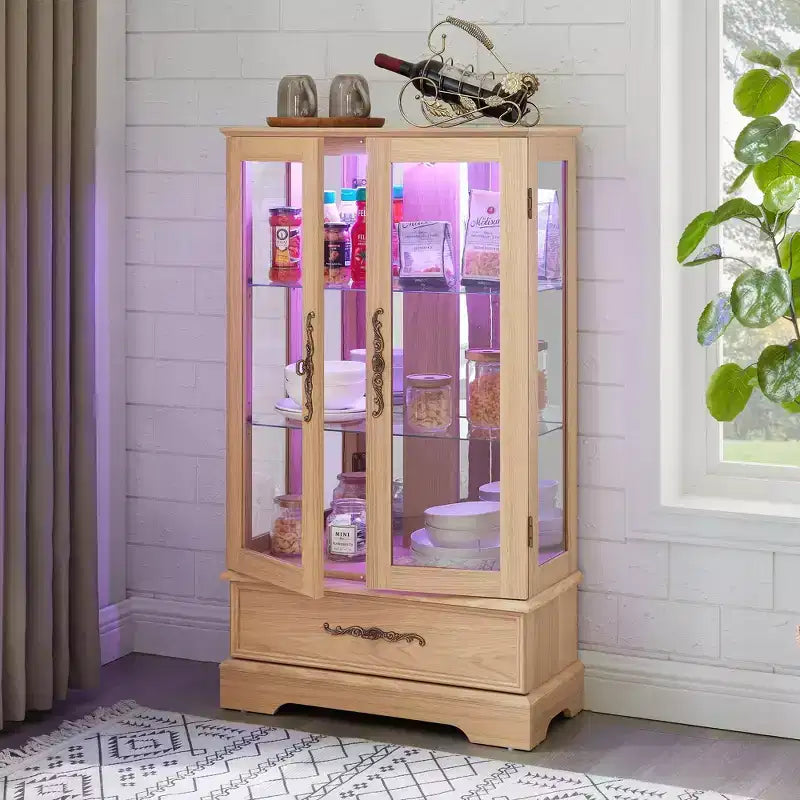 CLIHOME Vitrine en verre éclairée, meuble de rangement de cuisine, vitrine de porcelaine avec étagères réglables