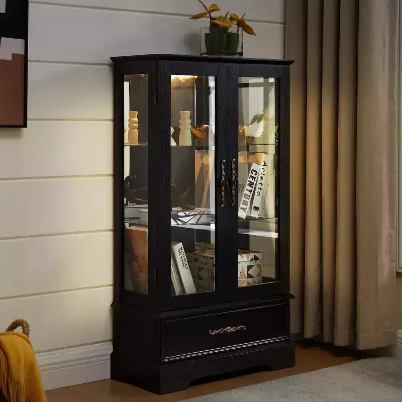 CLIHOME Vitrine en verre éclairée, meuble de rangement de cuisine, vitrine de porcelaine avec étagères réglables