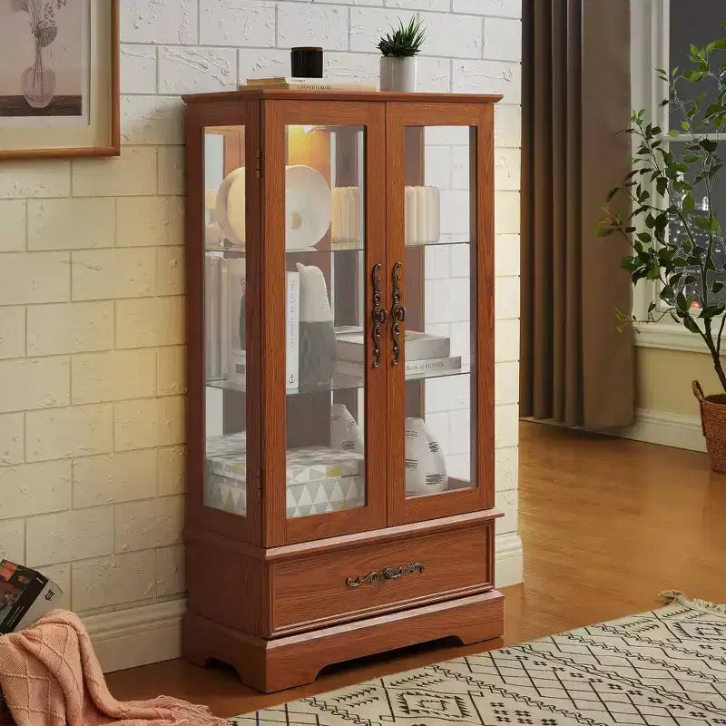 CLIHOME Vitrine en verre éclairée, meuble de rangement de cuisine, vitrine de porcelaine avec étagères réglables