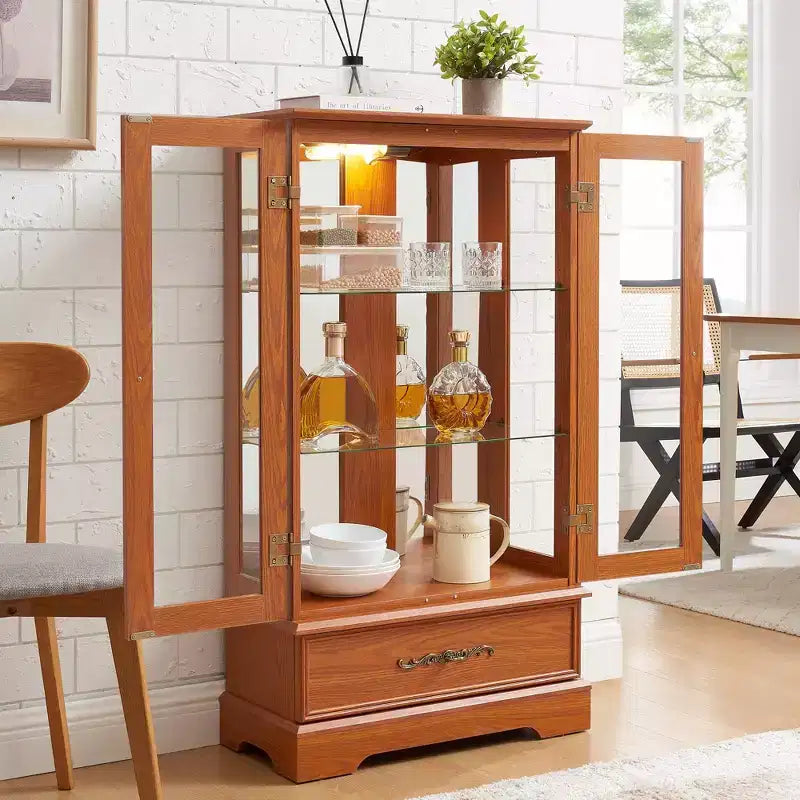 CLIHOME Vitrine en verre éclairée, meuble de rangement de cuisine, vitrine de porcelaine avec étagères réglables