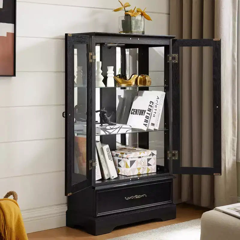 CLIHOME Vitrine en verre éclairée, meuble de rangement de cuisine, vitrine de porcelaine avec étagères réglables