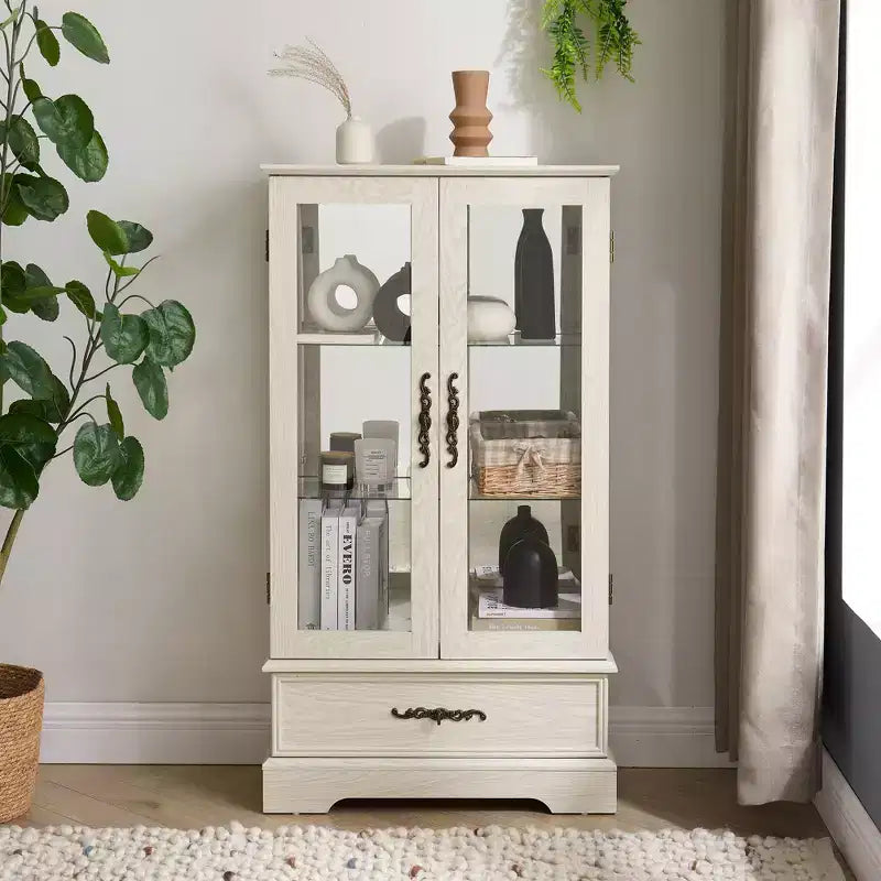 CLIHOME Vitrine en verre éclairée, meuble de rangement de cuisine, vitrine de porcelaine avec étagères réglables