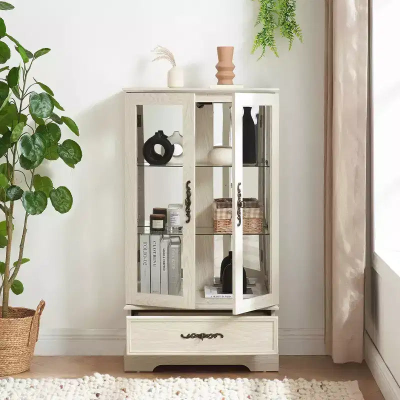 CLIHOME Vitrine en verre éclairée, meuble de rangement de cuisine, vitrine de porcelaine avec étagères réglables