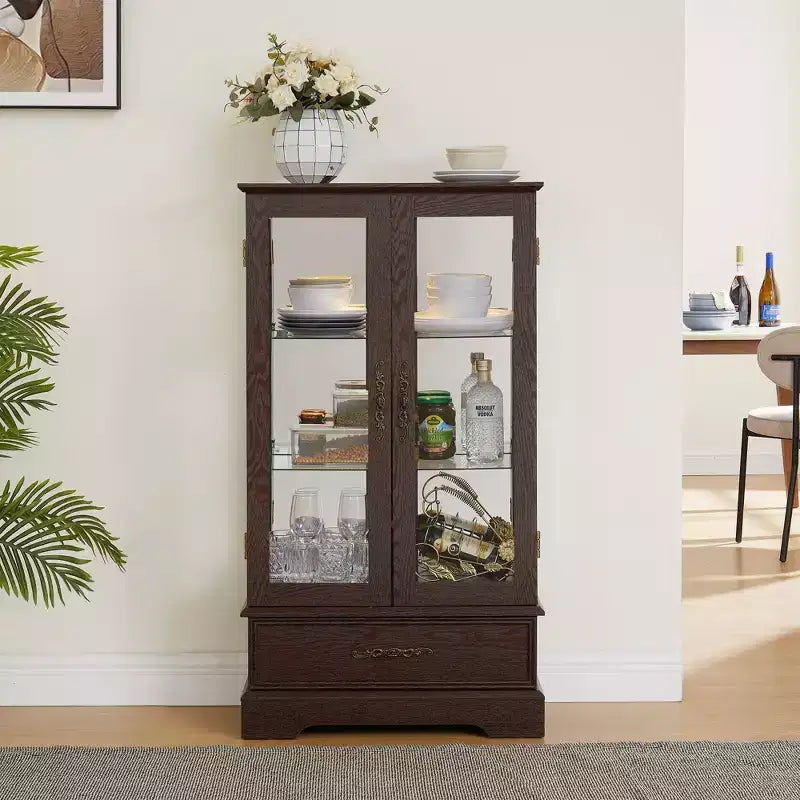 CLIHOME Vitrine en verre éclairée, meuble de rangement de cuisine, vitrine de porcelaine avec étagères réglables