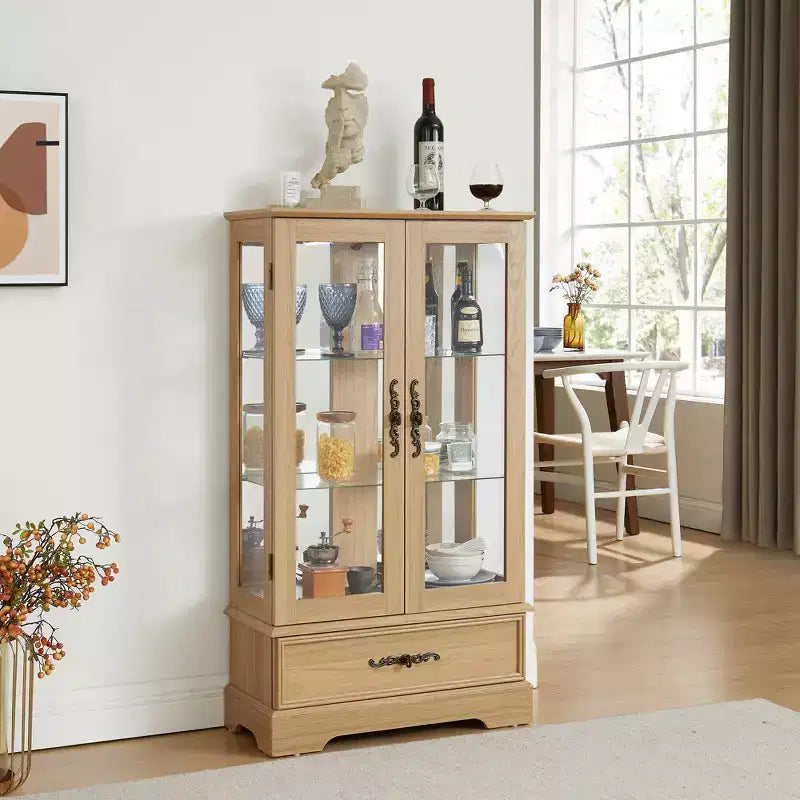 CLIHOME Vitrine en verre éclairée, meuble de rangement de cuisine, vitrine de porcelaine avec étagères réglables