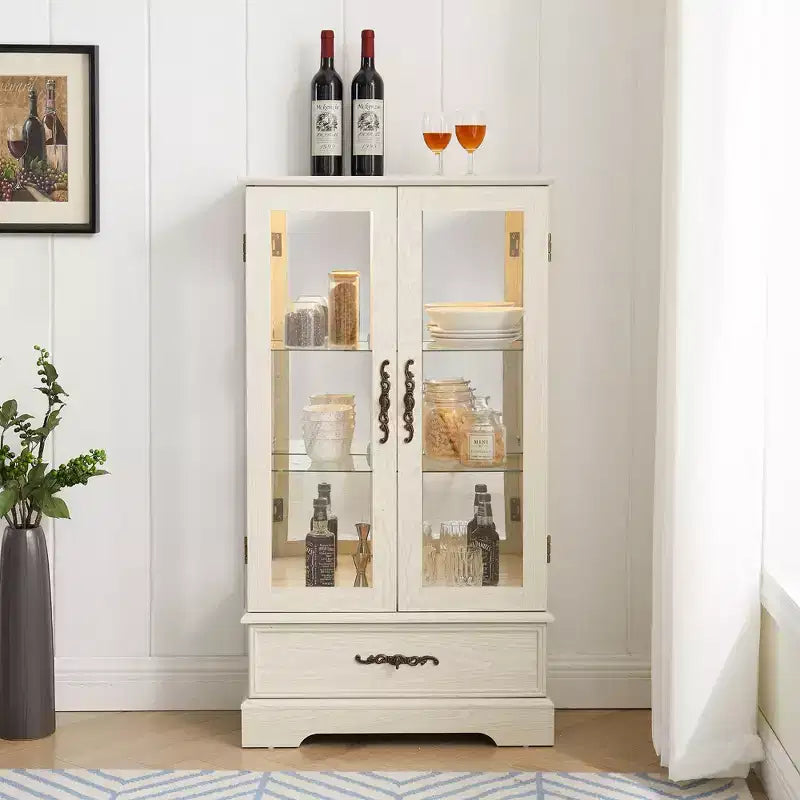 CLIHOME Vitrine en verre éclairée, meuble de rangement de cuisine, vitrine de porcelaine avec étagères réglables
