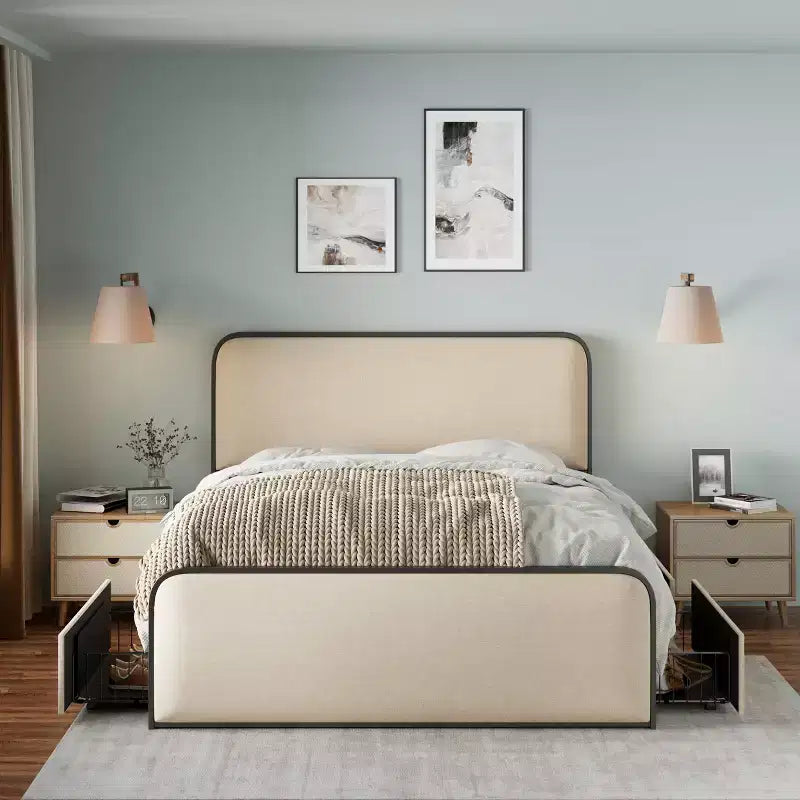 Cadre de lit Whisen Queen moderne en métal avec tête de lit capitonnée et 4 tiroirs - Beige