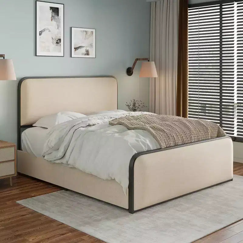 Cadre de lit Whisen Queen moderne en métal avec tête de lit capitonnée et 4 tiroirs - Beige
