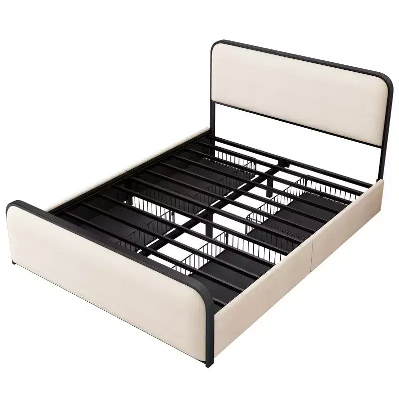 Cadre de lit Whisen Queen moderne en métal avec tête de lit capitonnée et 4 tiroirs - Beige