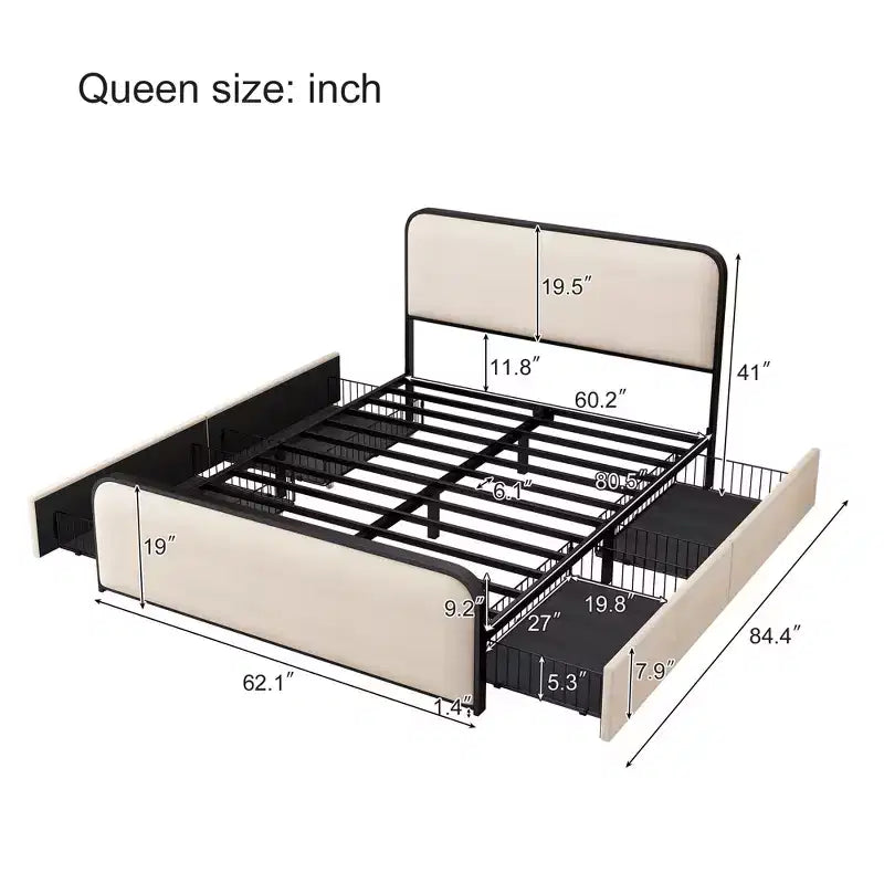 Cadre de lit Whisen Queen moderne en métal avec tête de lit capitonnée et 4 tiroirs - Beige