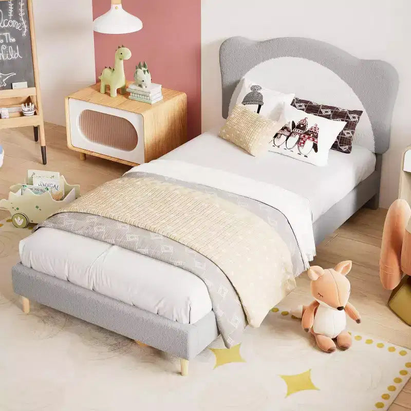 Cadre de lit double/complet rembourré avec tête de lit en forme de panda, lit plateforme en polaire berbère pour filles et garçons, aucun sommier tapissier requis, lattes en bois stables