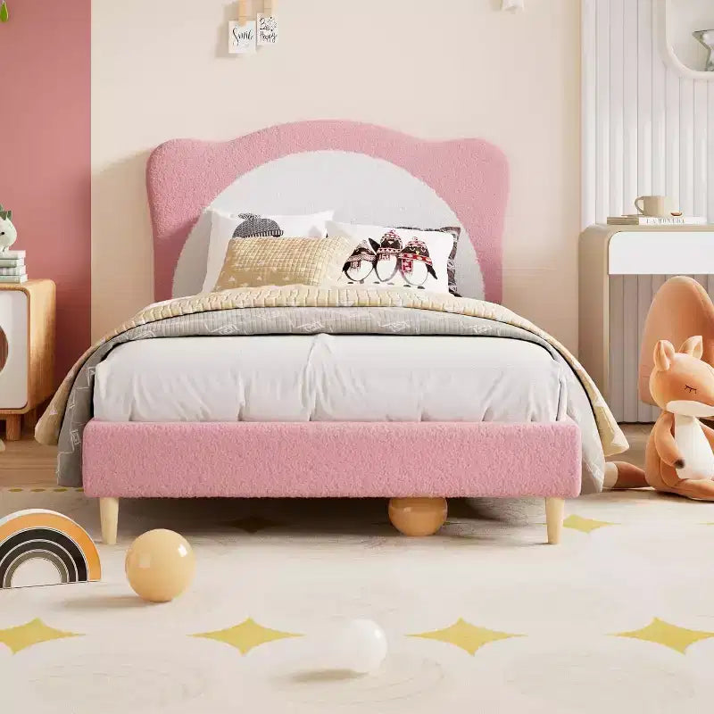 Cadre de lit double/complet rembourré avec tête de lit en forme de panda, lit plateforme en polaire berbère pour filles et garçons, aucun sommier tapissier requis, lattes en bois stables