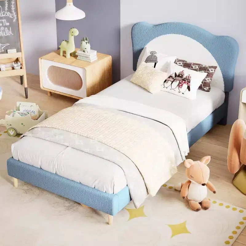 Cadre de lit double/complet rembourré avec tête de lit en forme de panda, lit plateforme en polaire berbère pour filles et garçons, aucun sommier tapissier requis, lattes en bois stables
