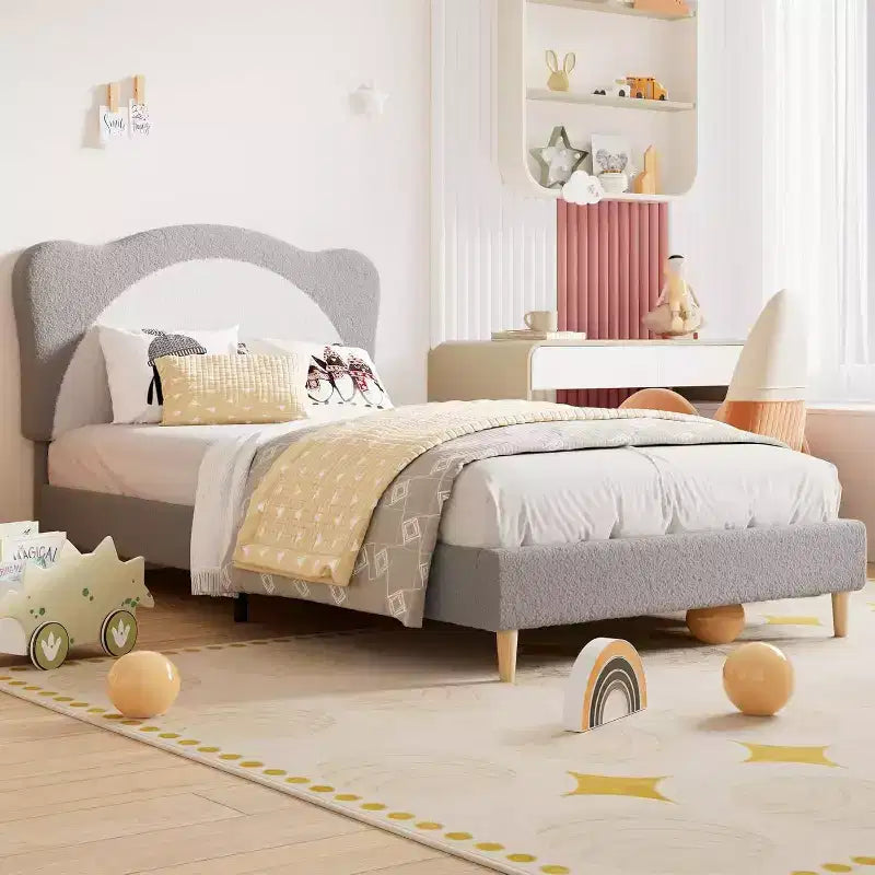 Cadre de lit double/complet rembourré avec tête de lit en forme de panda, lit plateforme en polaire berbère pour filles et garçons, aucun sommier tapissier requis, lattes en bois stables