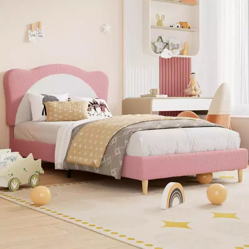Cadre de lit double/complet rembourré avec tête de lit en forme de panda, lit plateforme en polaire berbère pour filles et garçons, aucun sommier tapissier requis, lattes en bois stables