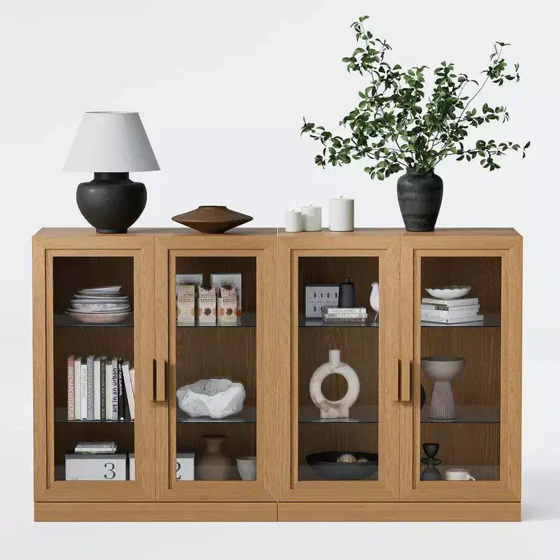 PexFix Grand buffet en bois de 157,5 x 91,4 cm avec 4 portes vitrées et 2 étagères réglables pour cuisine, salon/salle à manger, chambre à coucher, entrée, couleur naturelle