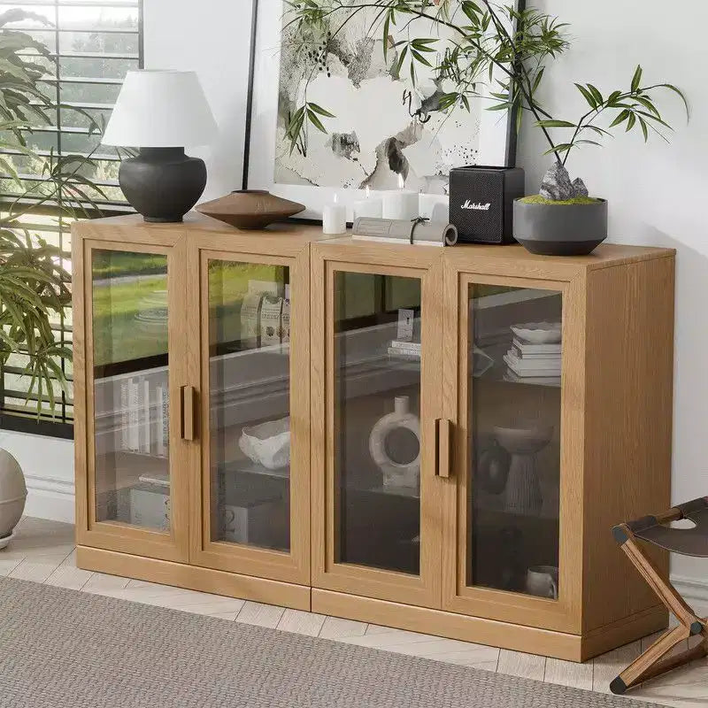 PexFix Grand buffet en bois de 157,5 x 91,4 cm avec 4 portes vitrées et 2 étagères réglables pour cuisine, salon/salle à manger, chambre à coucher, entrée, couleur naturelle