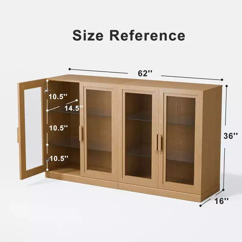 PexFix Grand buffet en bois de 157,5 x 91,4 cm avec 4 portes vitrées et 2 étagères réglables pour cuisine, salon/salle à manger, chambre à coucher, entrée, couleur naturelle